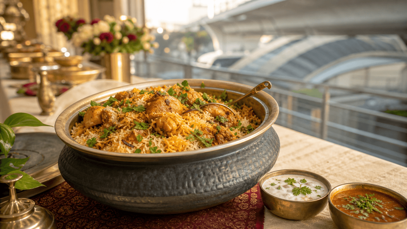 Chicken biryani in a traditional handi prepared for a Chennai catering event