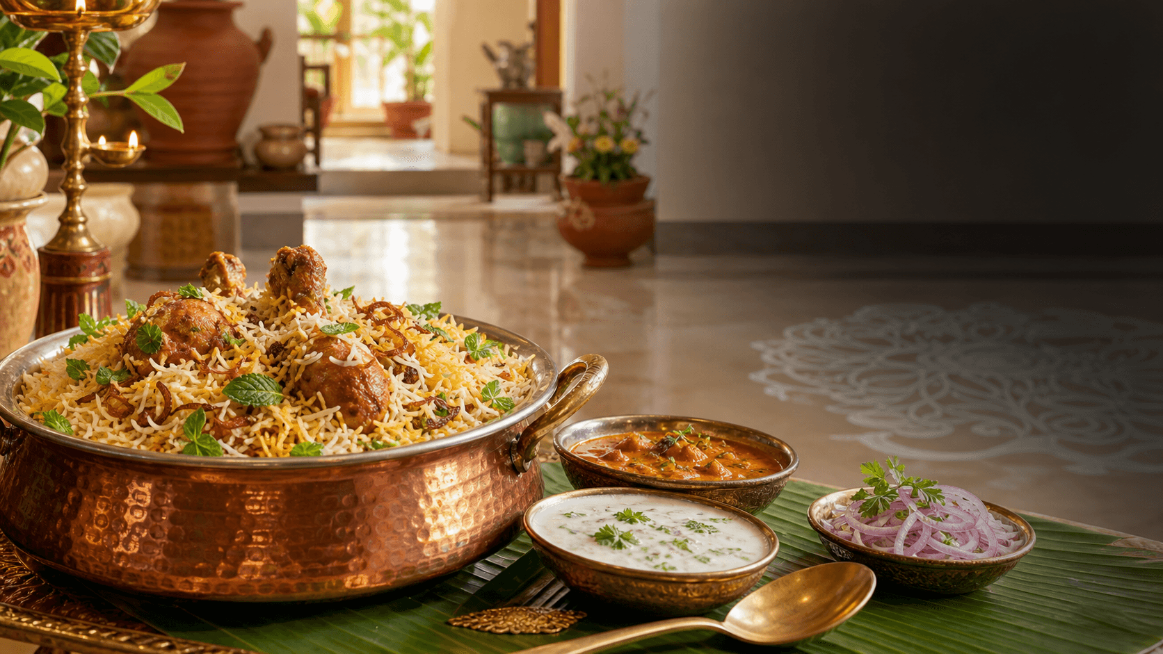 Chicken biryani in a copper handi prepared for a Chennai housewarming event