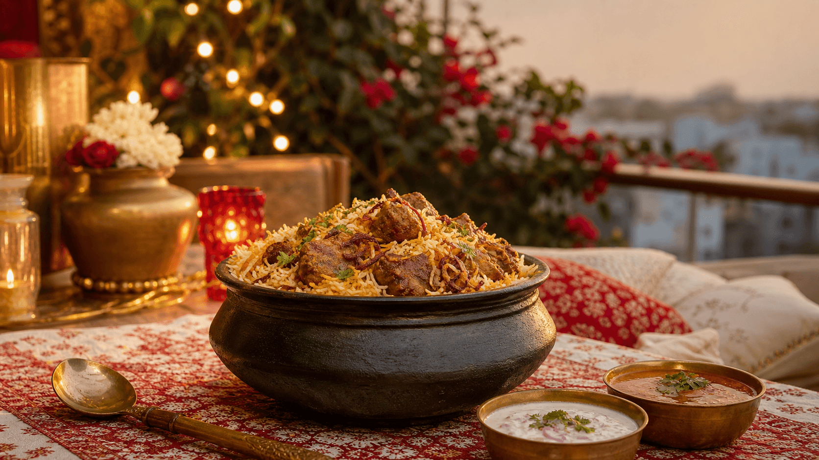 Mutton biryani in a traditional handi set for a family celebration