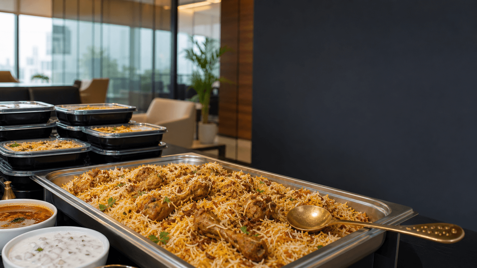 Biryani catering tray and packed meals arranged for a Chennai office lunch