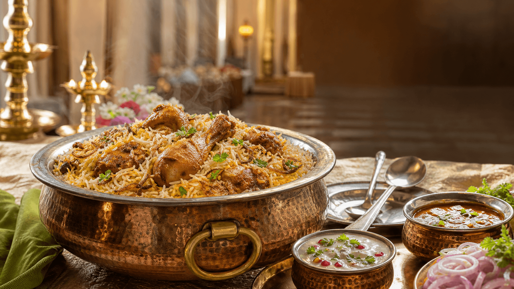 Fresh chicken biryani with raita and salan at a Chennai family function