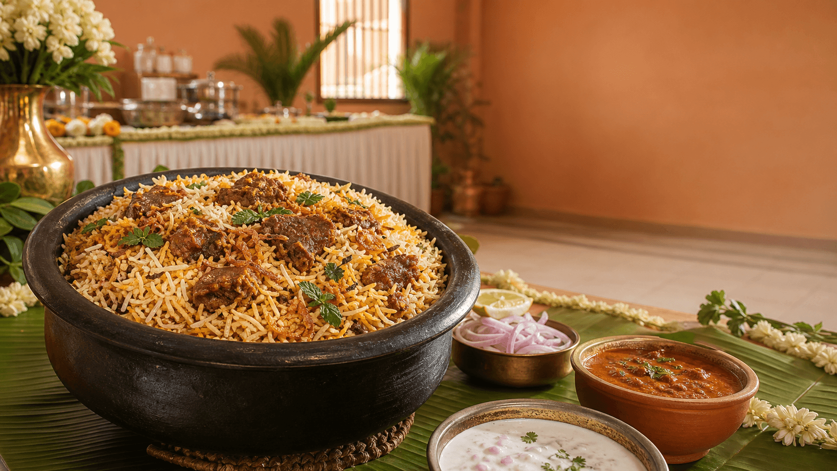 Mutton biryani served in a black handi for an apartment community event