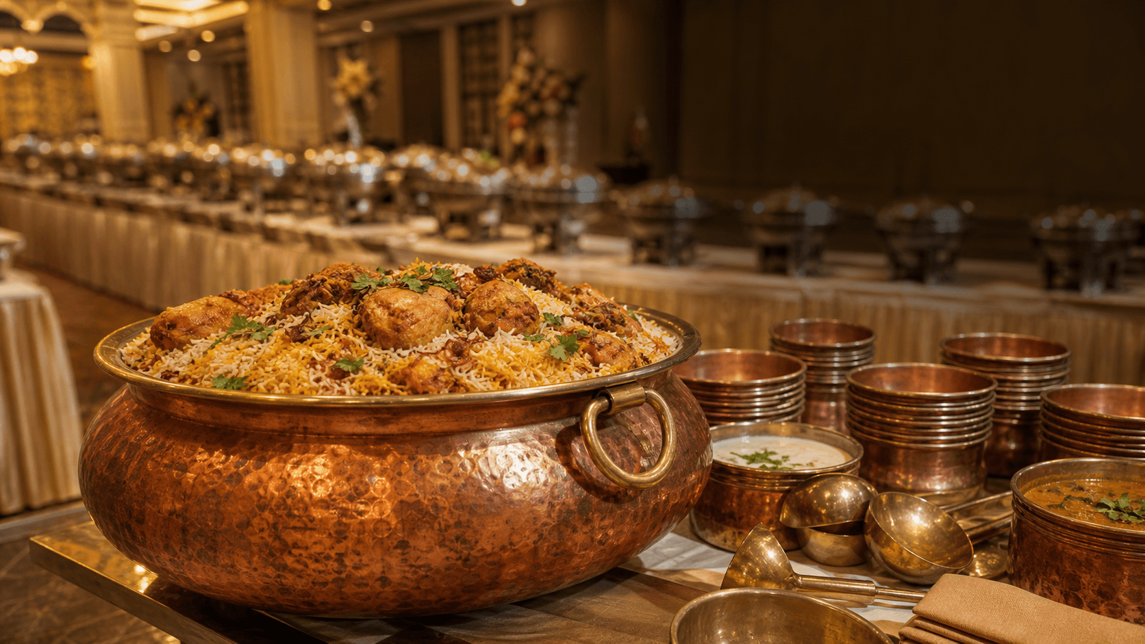 Large biryani handi arranged for a Chennai wedding buffet