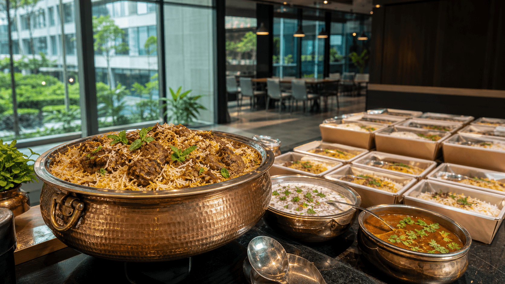 Mutton biryani buffet prepared for a corporate lunch in Chennai