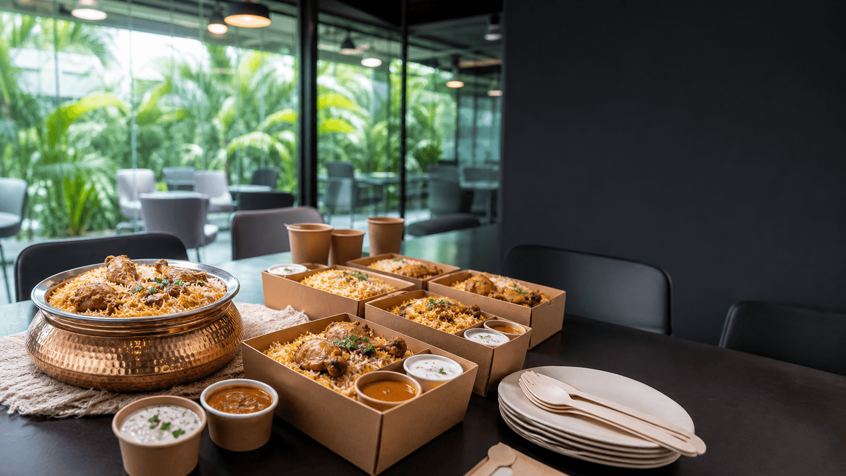 Corporate biryani lunch packs arranged in a modern Chennai office