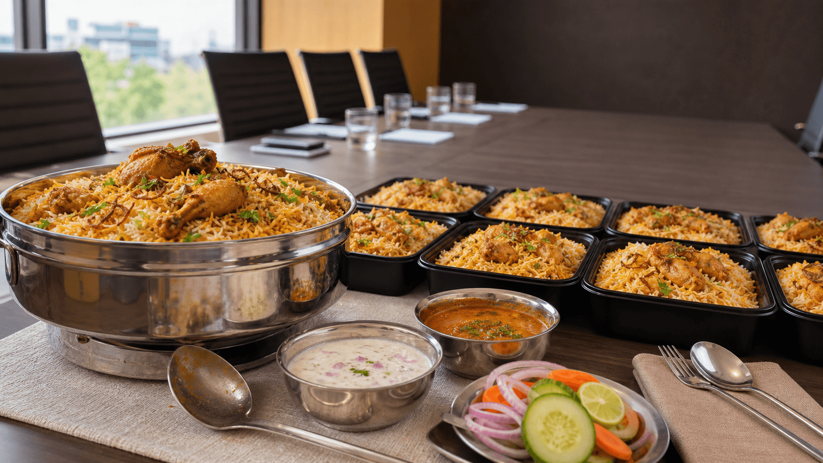 Chicken biryani and packed lunches arranged in a Chennai meeting room