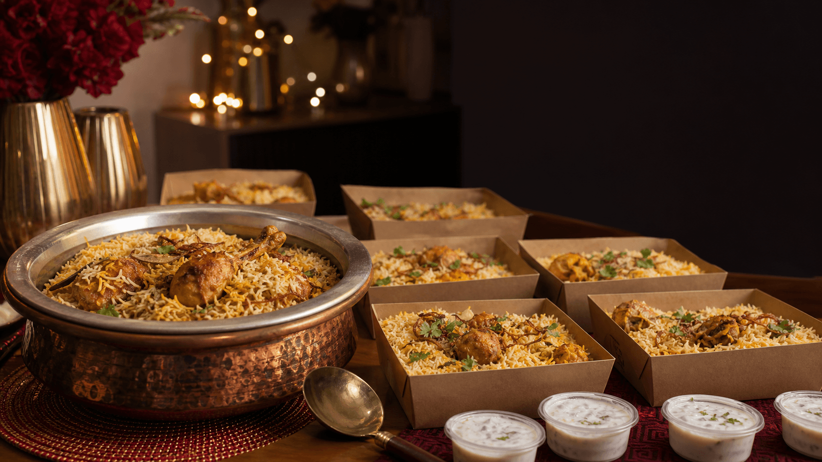 Chicken biryani party catering arranged with individual meal packs