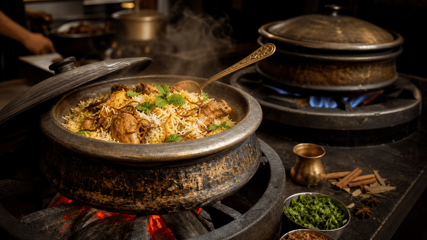 Dum biryani cooking in traditional and gas-fired handis