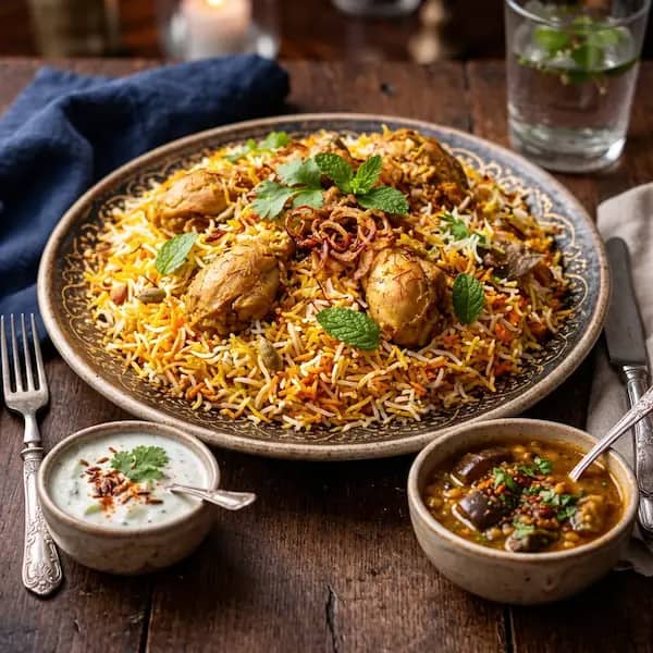 Signature Zaiqa Chicken Biryani with Saffron Rice and traditional spices