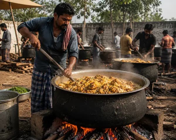 Halal chicken biryani prepared as a bulk order in Chennai