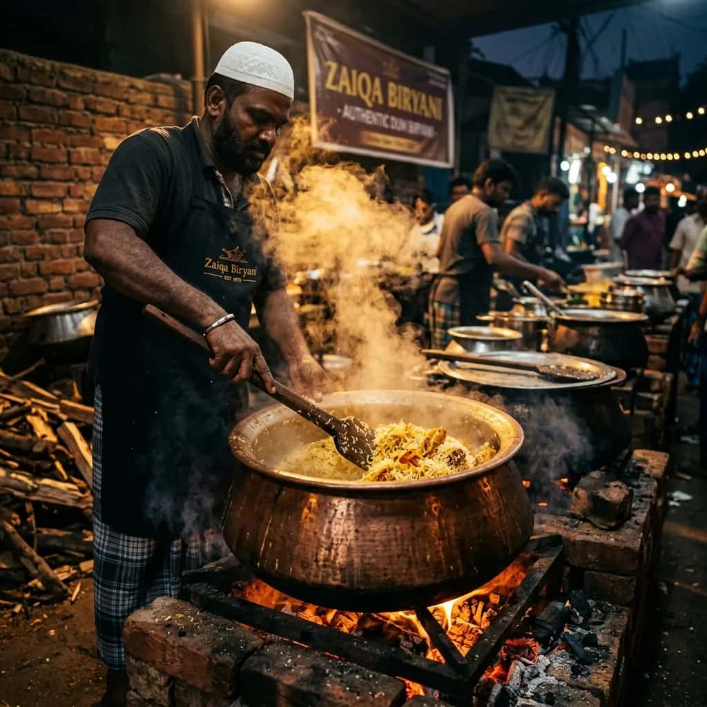 Authentic wood-fired mutton biryani being prepared in traditional vessel
