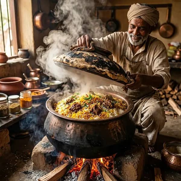 Heritage Wood-Fired Mutton Biryani prepared in slow-cooking Dum style