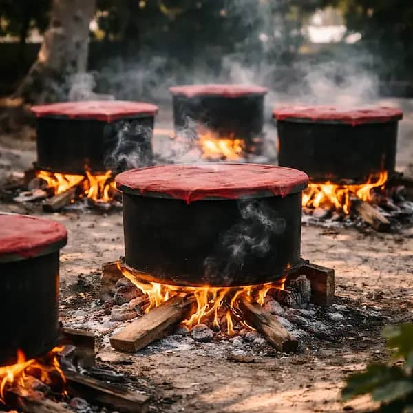 Traditional bulk biryani cooking for a Chennai event
