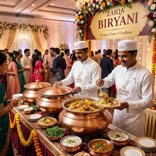 Premium bulk biryani being served at a large wedding event